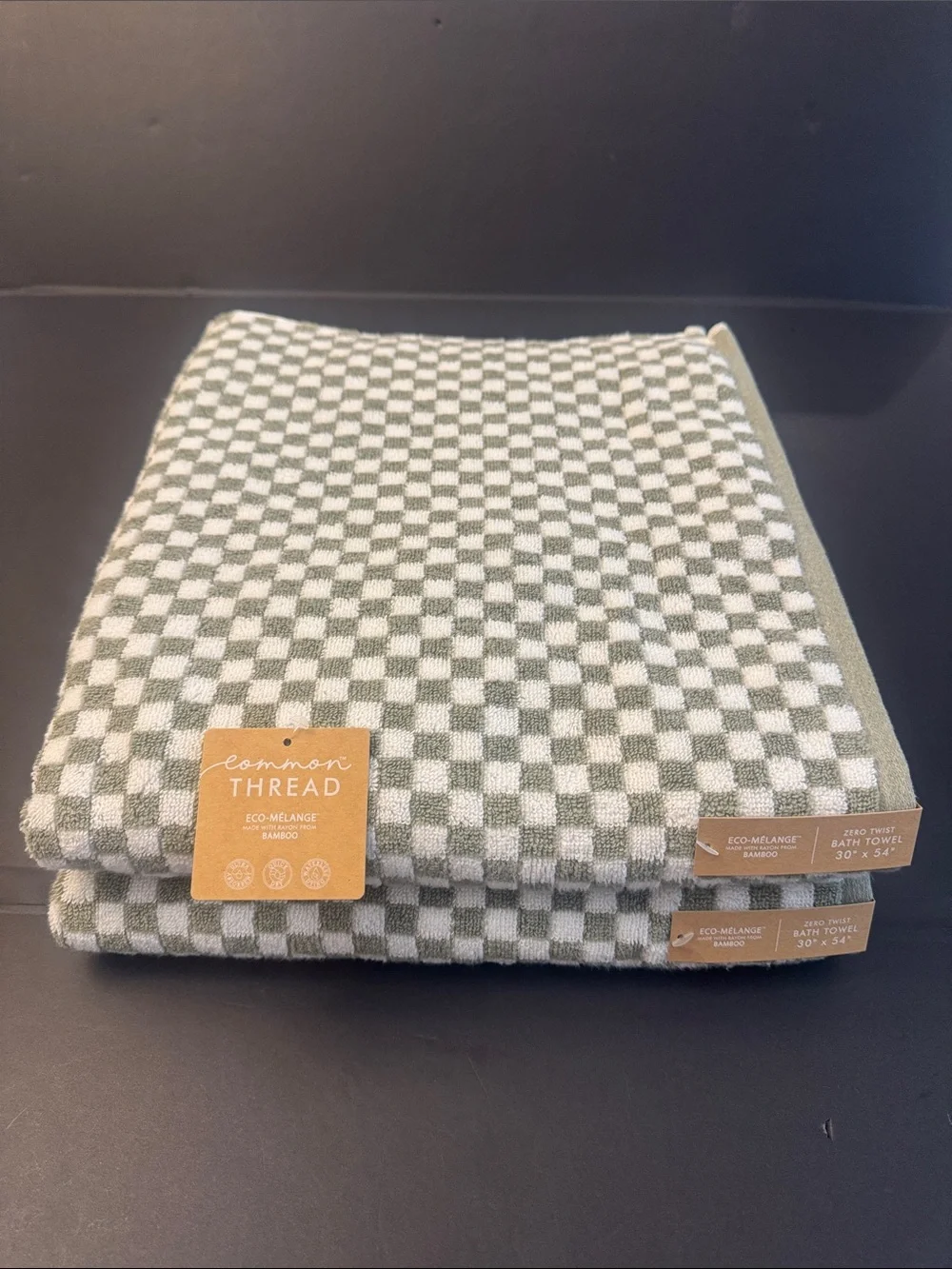 2pc COMMON THREAD Eco-Melange Bamboo Checkered Bath Towel Set - Green/White